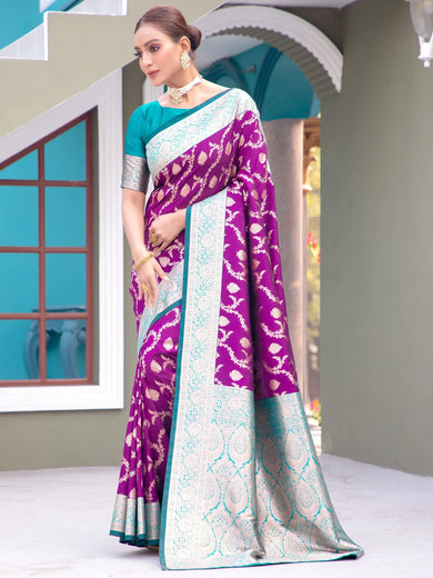 Stunning Purple Zari Weaving Banarasi Silk Festival Wear Saree